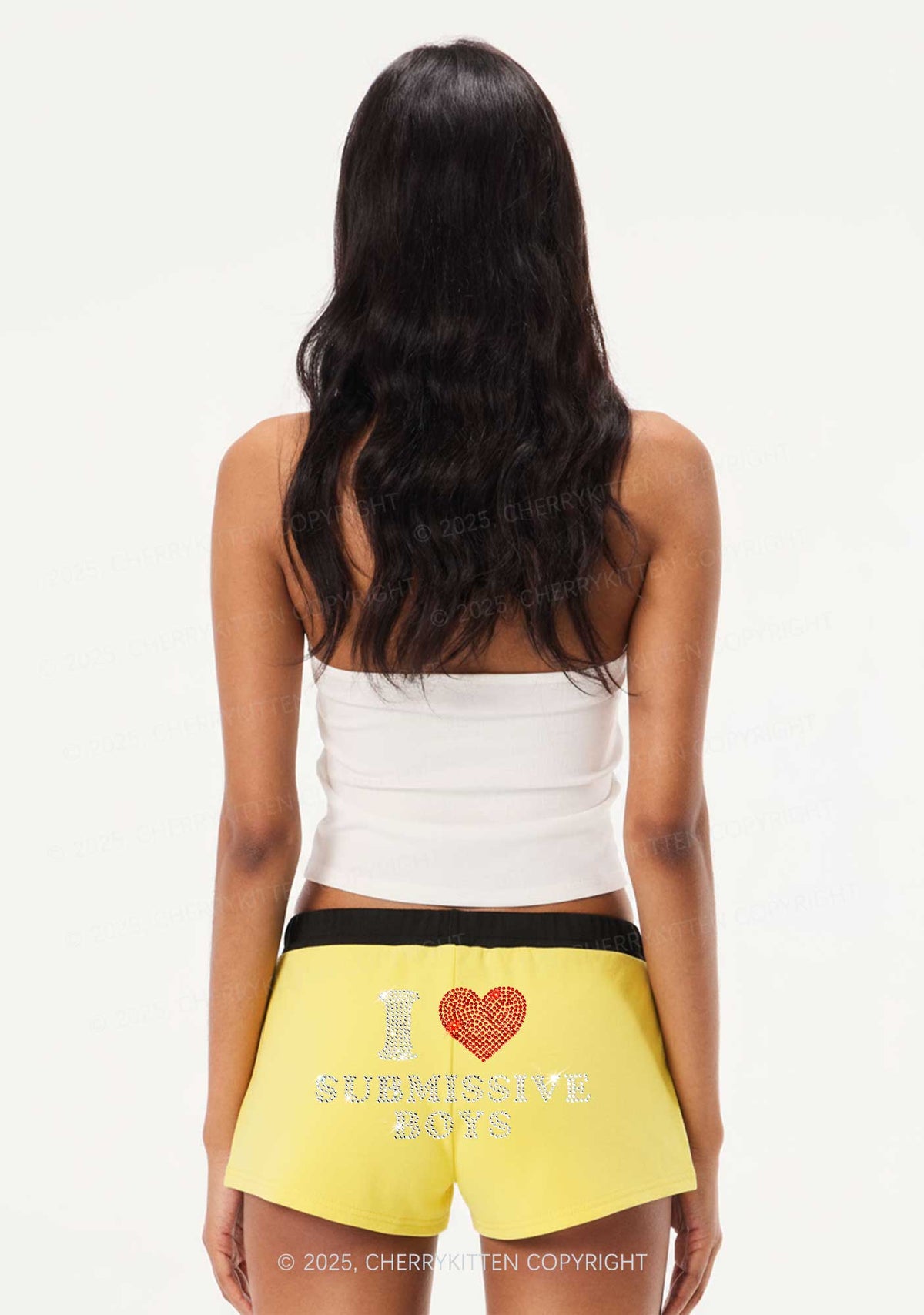 Rhinestone I Love S Boys Y2K Drawstring Mini Shorts Cherrykitten