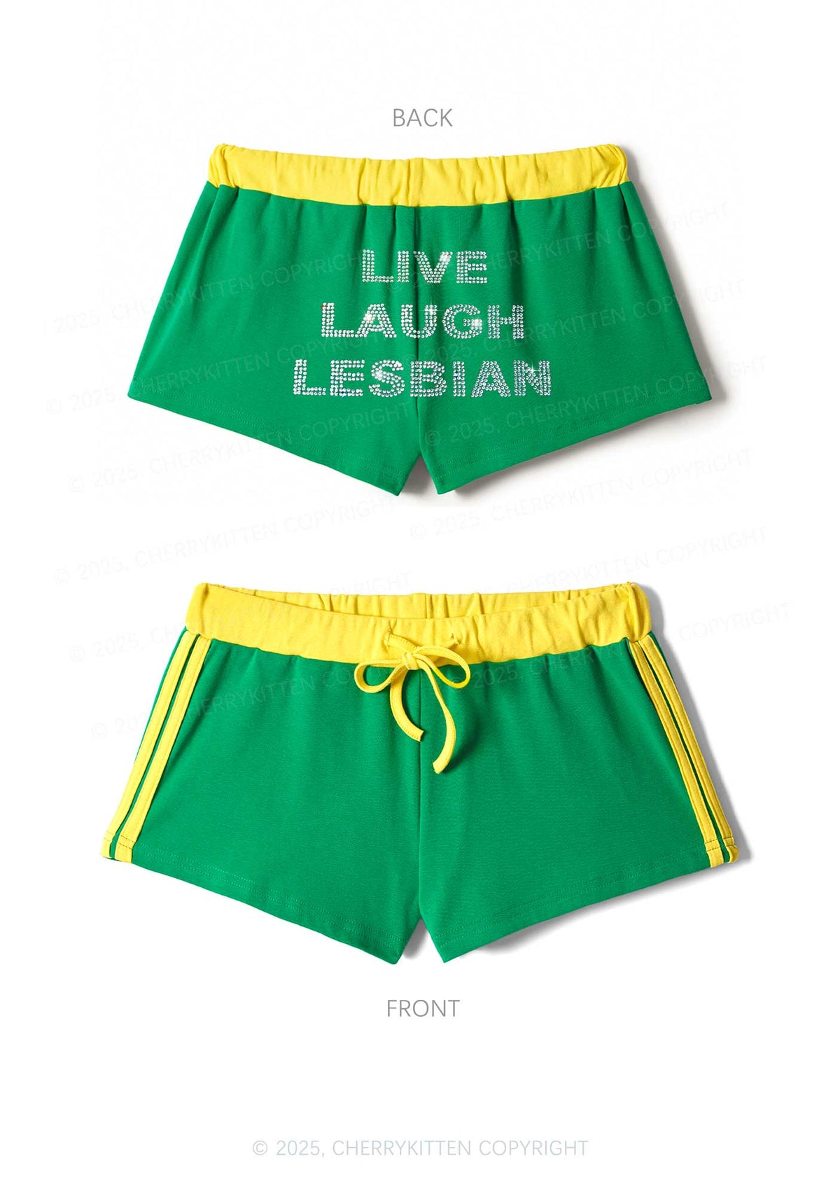 Rhinestone Live Laugh Lesbian Pride Y2K Drawstring Mini Shorts Cherrykitten