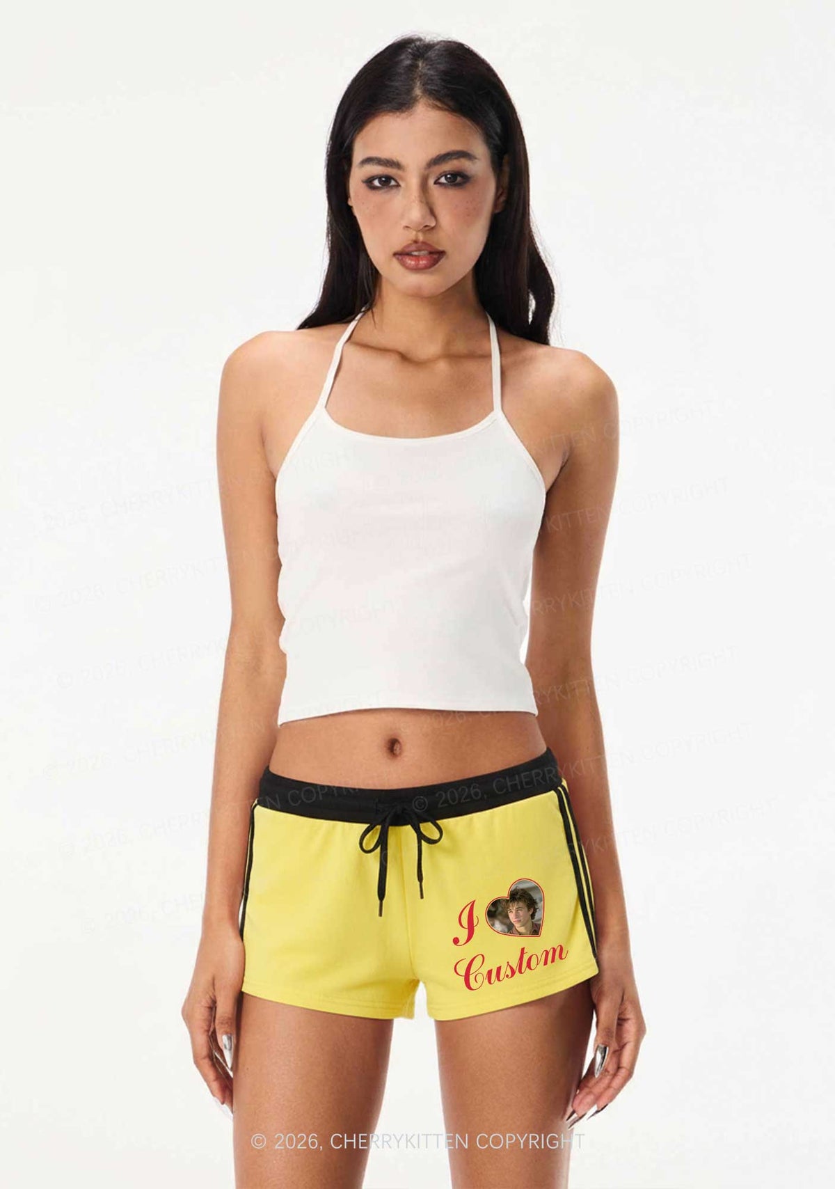 I Love Custom Photo Valentine's Day Y2K Drawstring Mini Shorts Cherrykitten