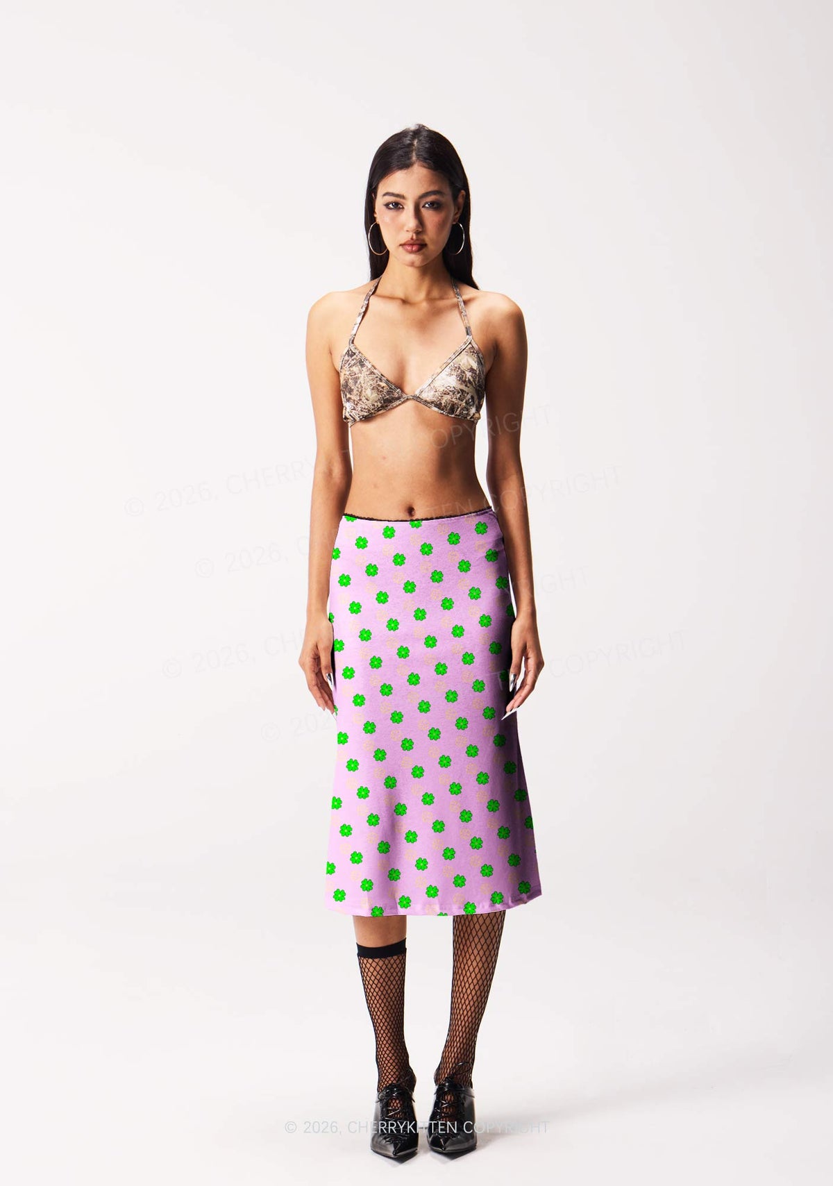Clover On Pink St Patricks Y2K Print Midi Skirt Cherrykitten