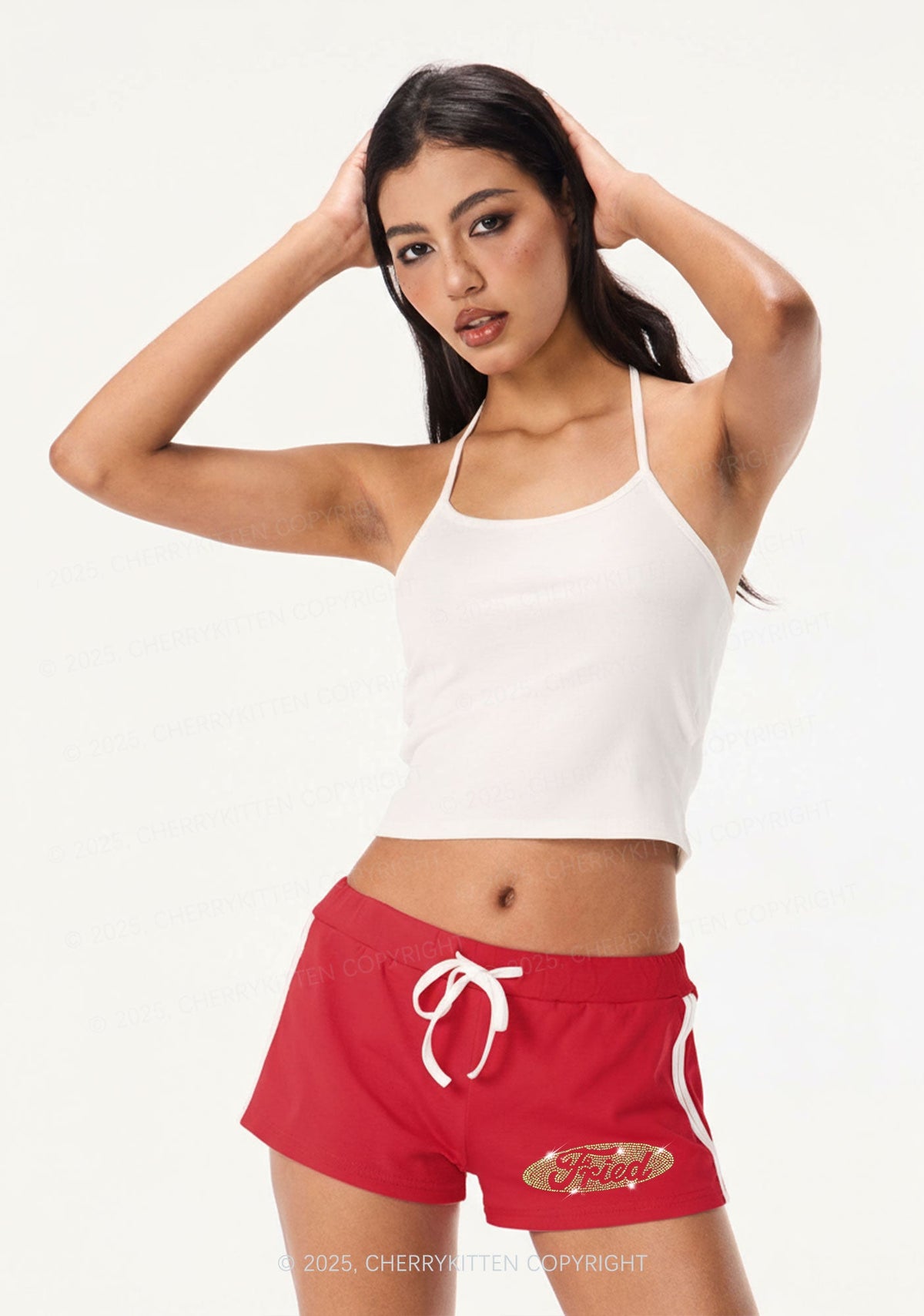 Rhinestone Fried Y2K Drawstring Mini Shorts Cherrykitten