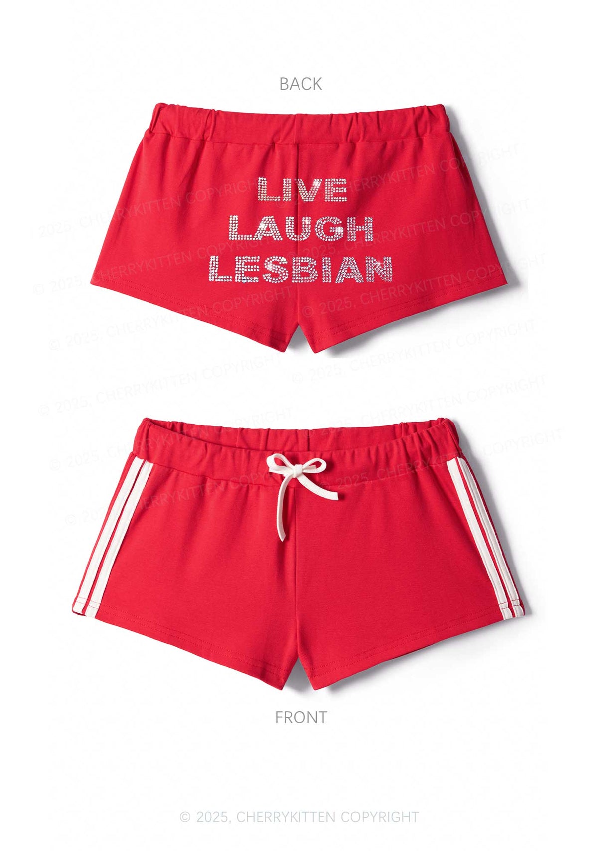 Rhinestone Live Laugh Lesbian Pride Y2K Drawstring Mini Shorts Cherrykitten