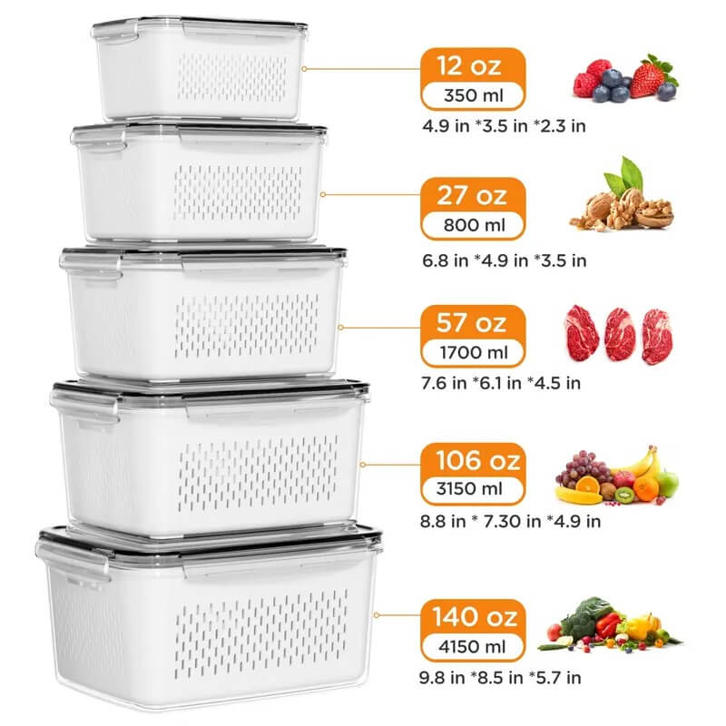 5-Pack Fridge Storage Containers with Removable Colander, Stackable Food Storage Bins for Fruits, Vegetables & Berries